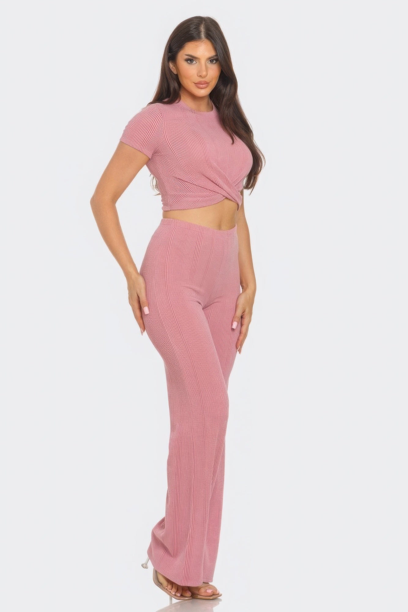 - Front Twist Detail Top And Flare Pants Set - womens pants set at TFC&H Co.