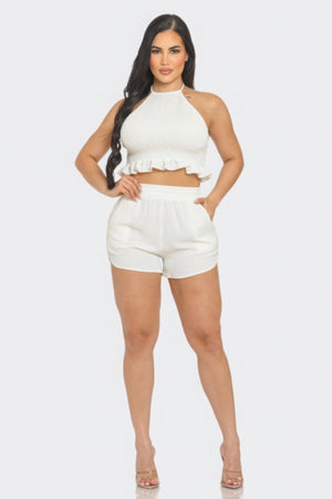 - Front Smocking Detail Halter Top And Shorts Outfit Set - womens short set at TFC&H Co.