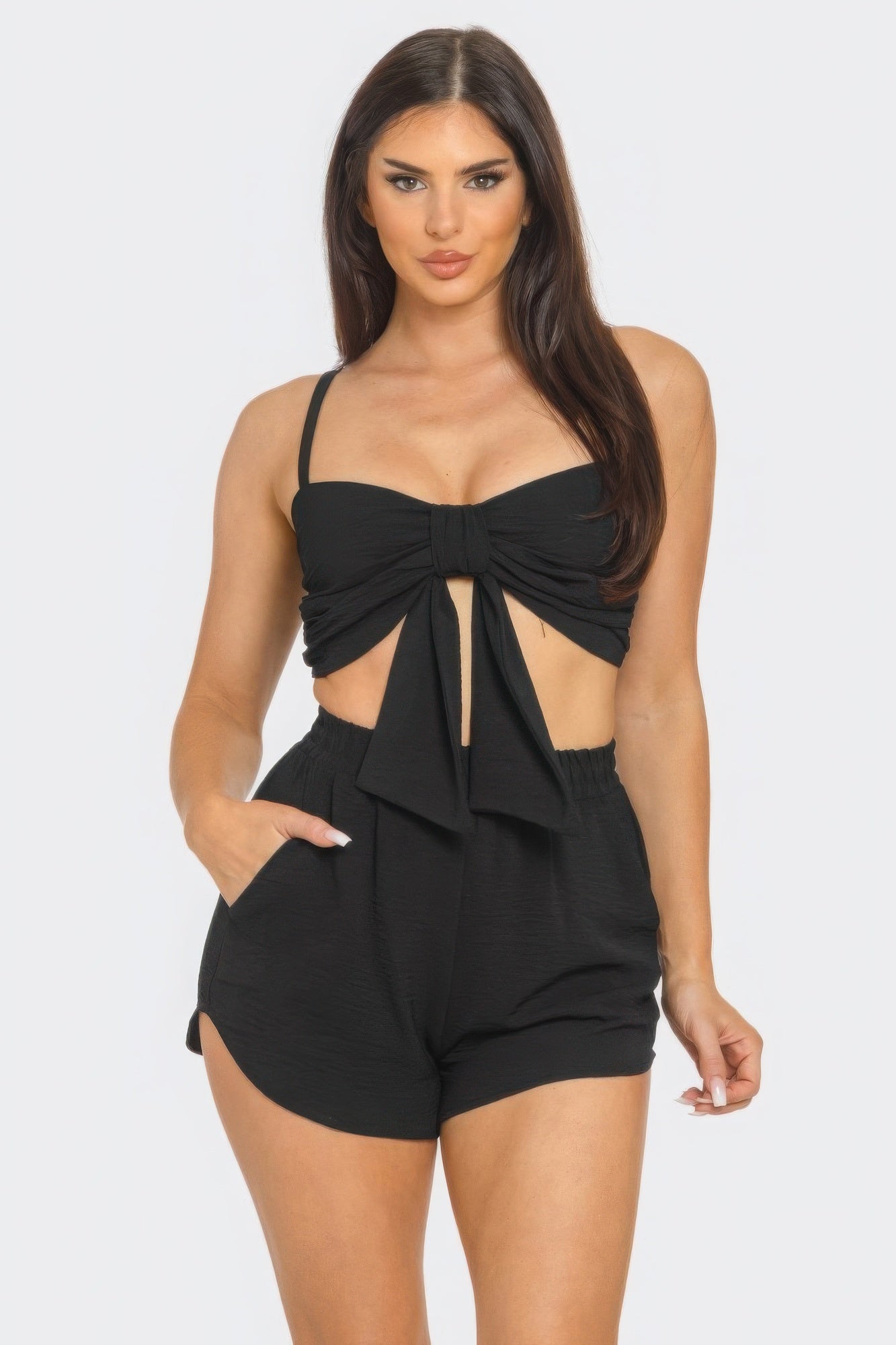 - Front Oversized Bow Twisted Tie Top And Shorts Outfit Set - womens short set at TFC&H Co.