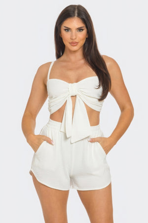 White - Front Oversized Bow Twisted Tie Top And Shorts Outfit Set - womens short set at TFC&H Co.