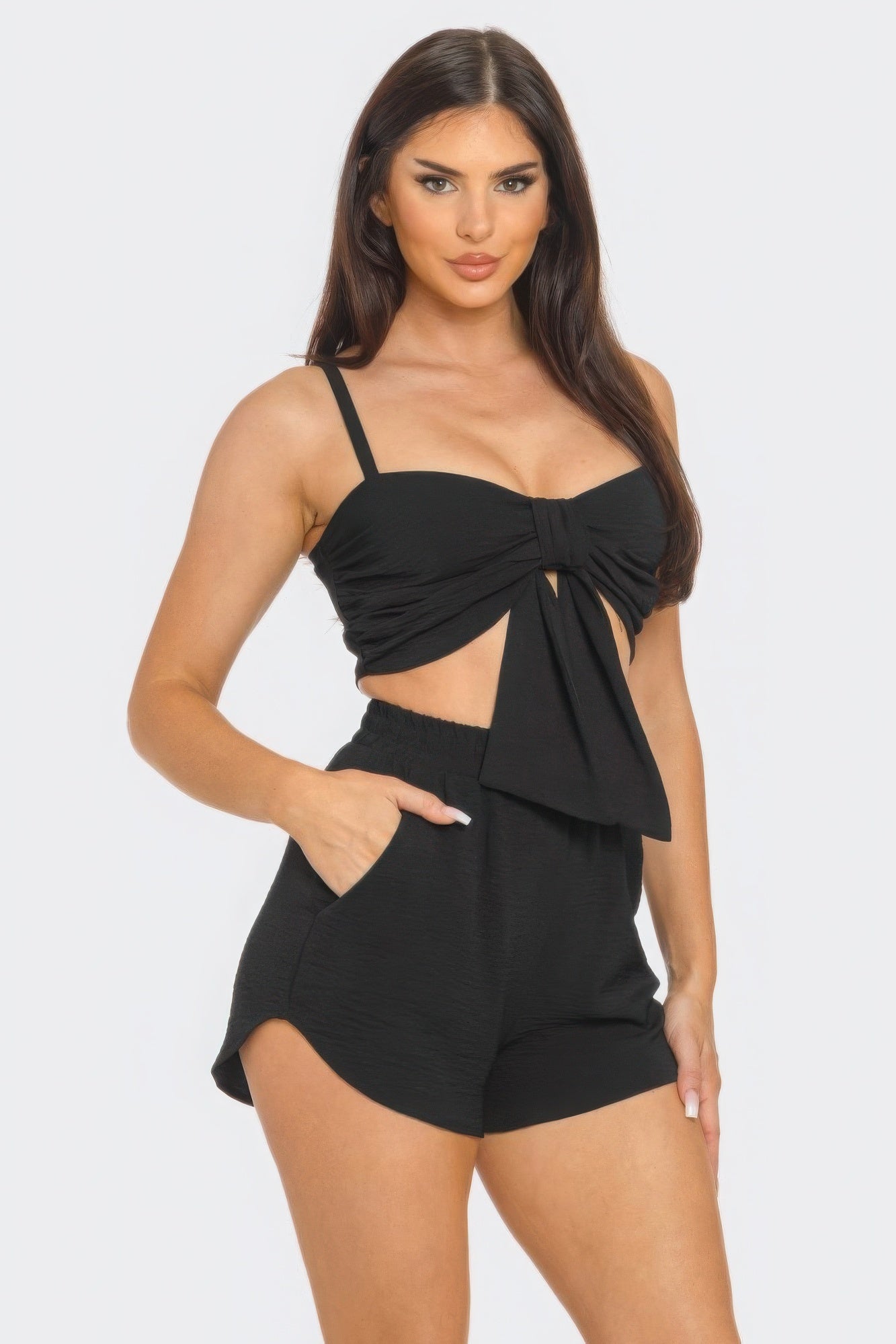 - Front Oversized Bow Twisted Tie Top And Shorts Outfit Set - womens short set at TFC&H Co.