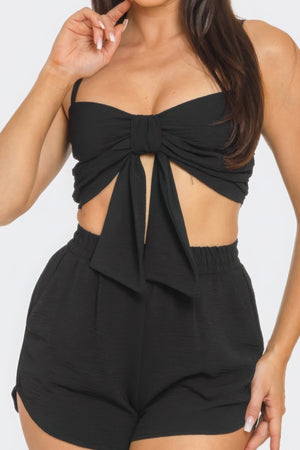 Black - Front Oversized Bow Twisted Tie Top And Shorts Outfit Set - womens short set at TFC&H Co.