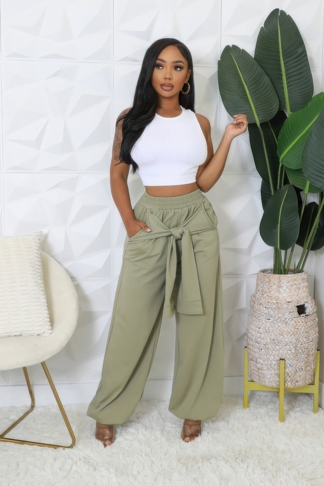 Olive - High-waisted Stretch Pants - womens pants at TFC&H Co.