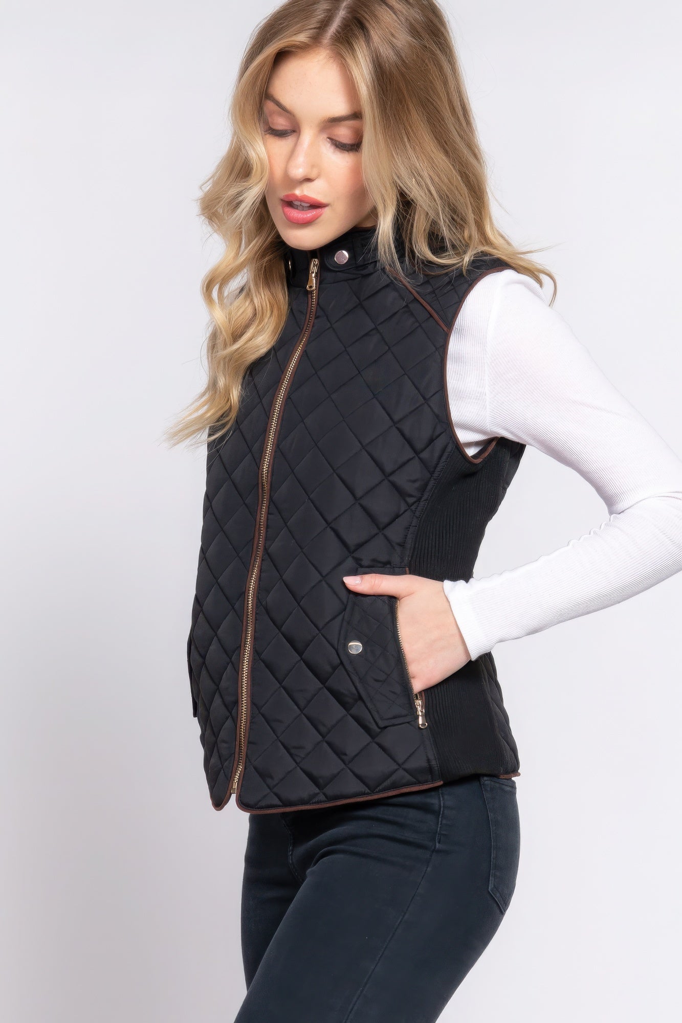 - Suede Piping Quilted Padding Vest - womens vest at TFC&H Co.