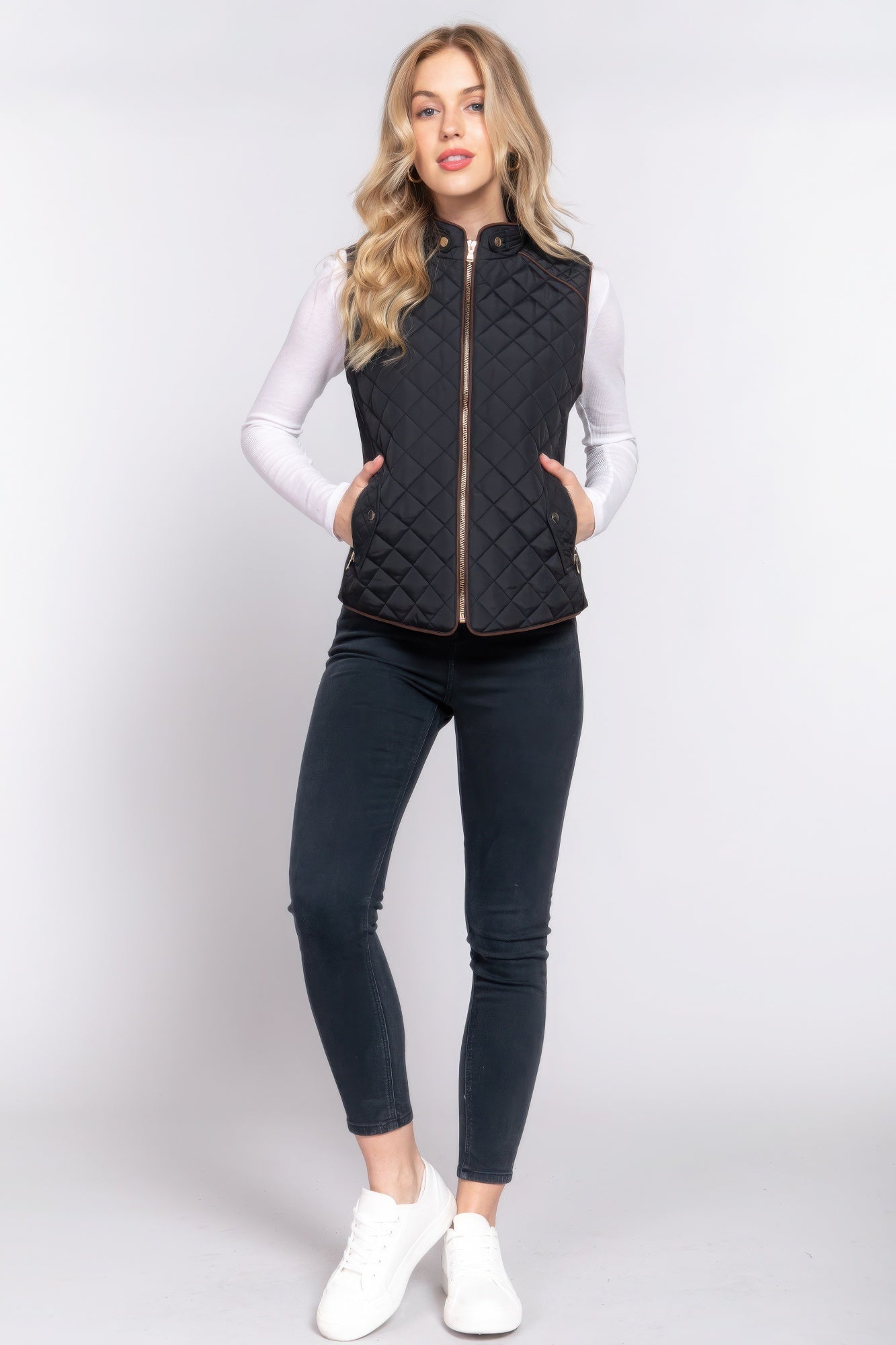 - Suede Piping Quilted Padding Vest - womens vest at TFC&H Co.