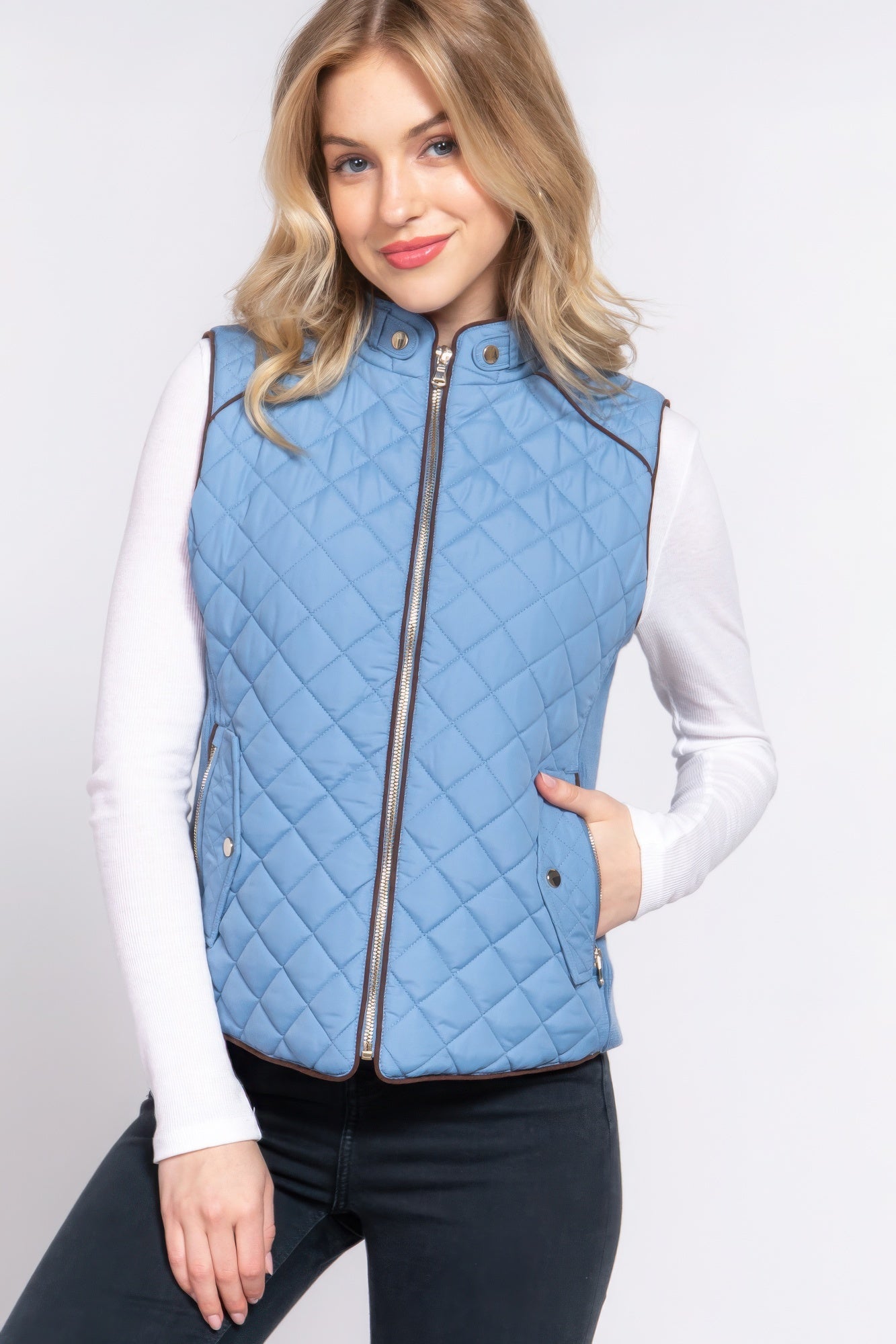 - Suede Piping Quilted Padding Vest - womens vest at TFC&H Co.