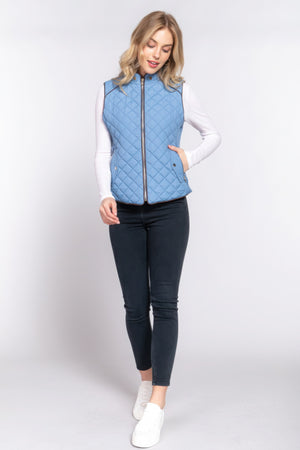 Blue - Suede Piping Quilted Padding Vest - womens vest at TFC&H Co.