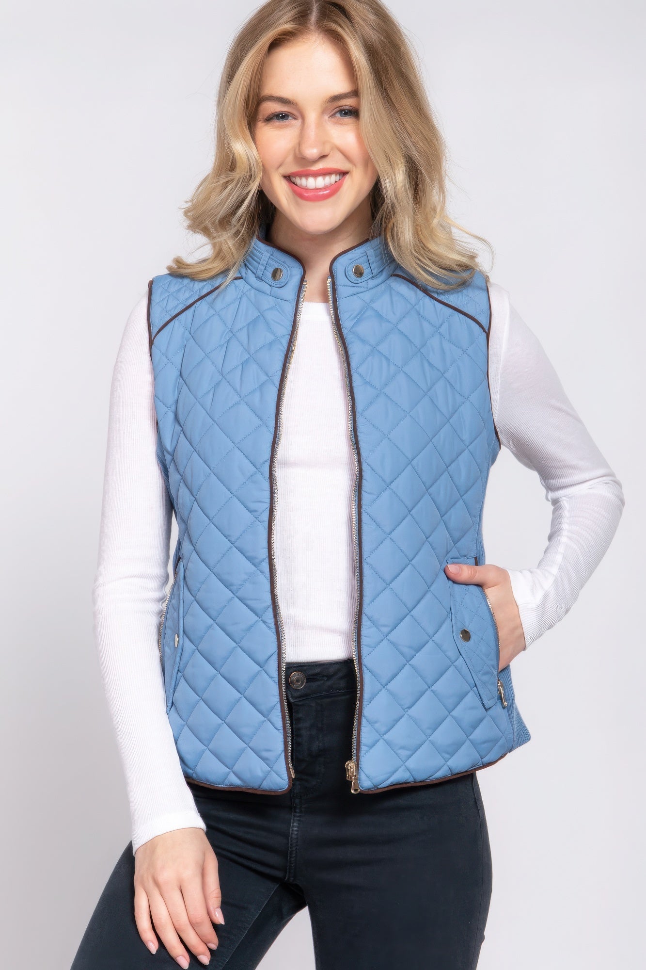 - Suede Piping Quilted Padding Vest - womens vest at TFC&H Co.