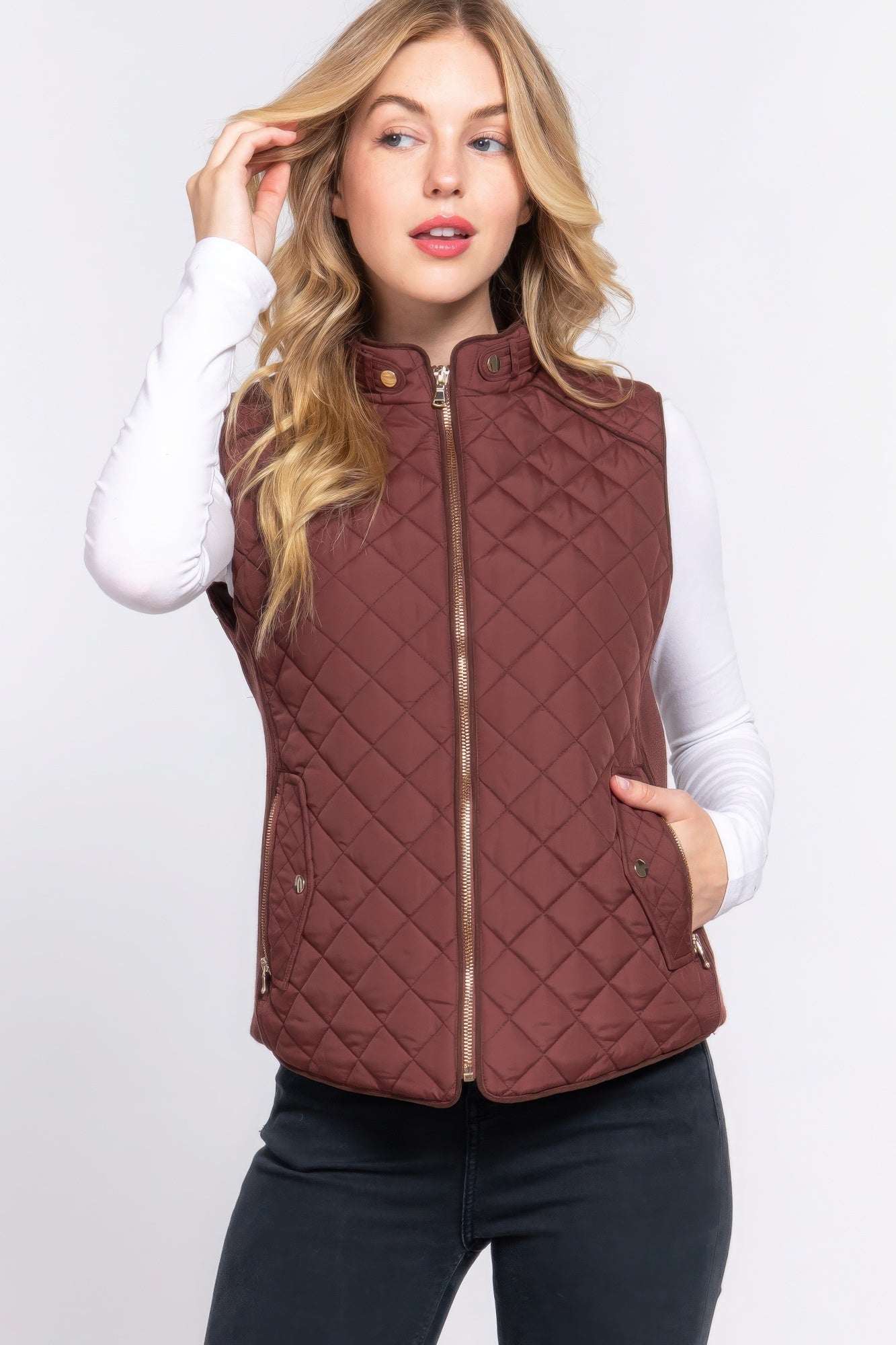 Brown - Suede Piping Quilted Padding Vest - womens vest at TFC&H Co.