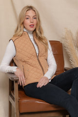 Caramel - Suede Piping Quilted Padding Vest - womens vest at TFC&H Co.