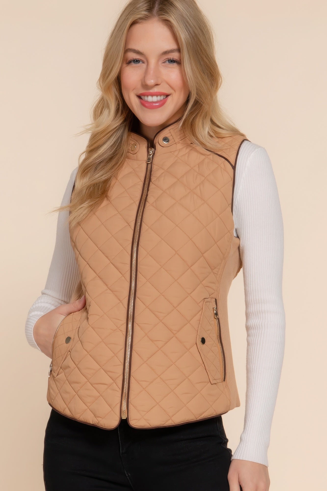 - Suede Piping Quilted Padding Vest - womens vest at TFC&H Co.