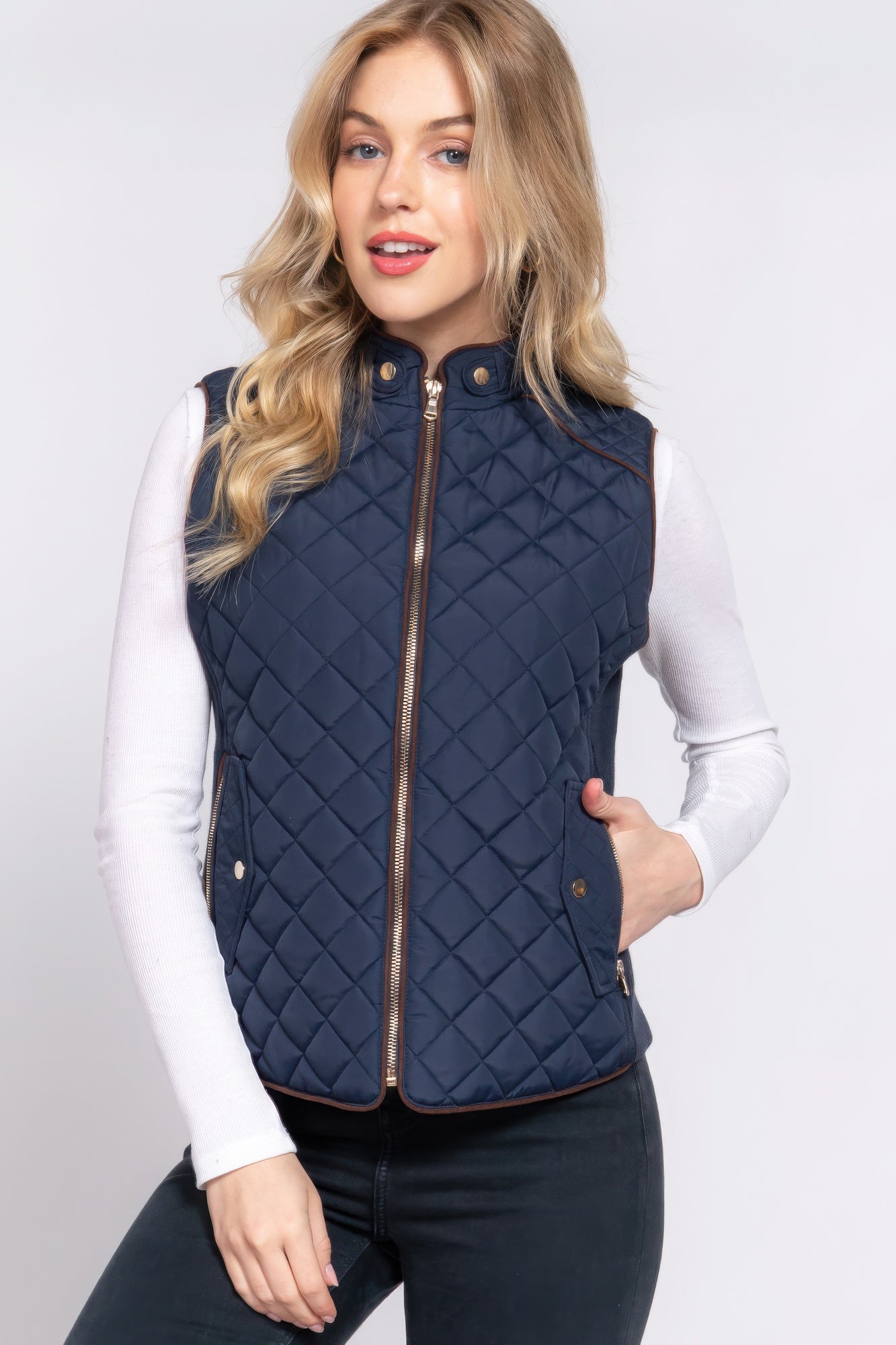 - Suede Piping Quilted Padding Vest - womens vest at TFC&H Co.