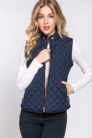 Navy - Suede Piping Quilted Padding Vest - womens vest at TFC&H Co.