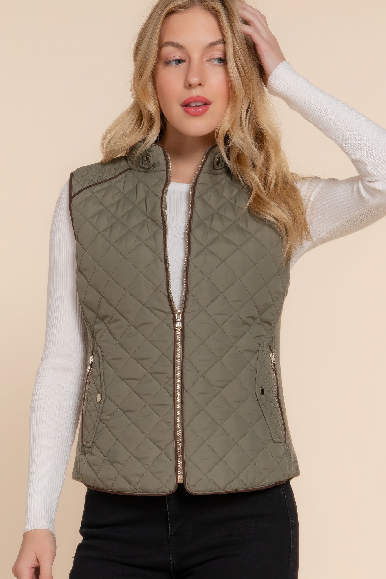 Olive oil - Suede Piping Quilted Padding Vest - womens vest at TFC&H Co.