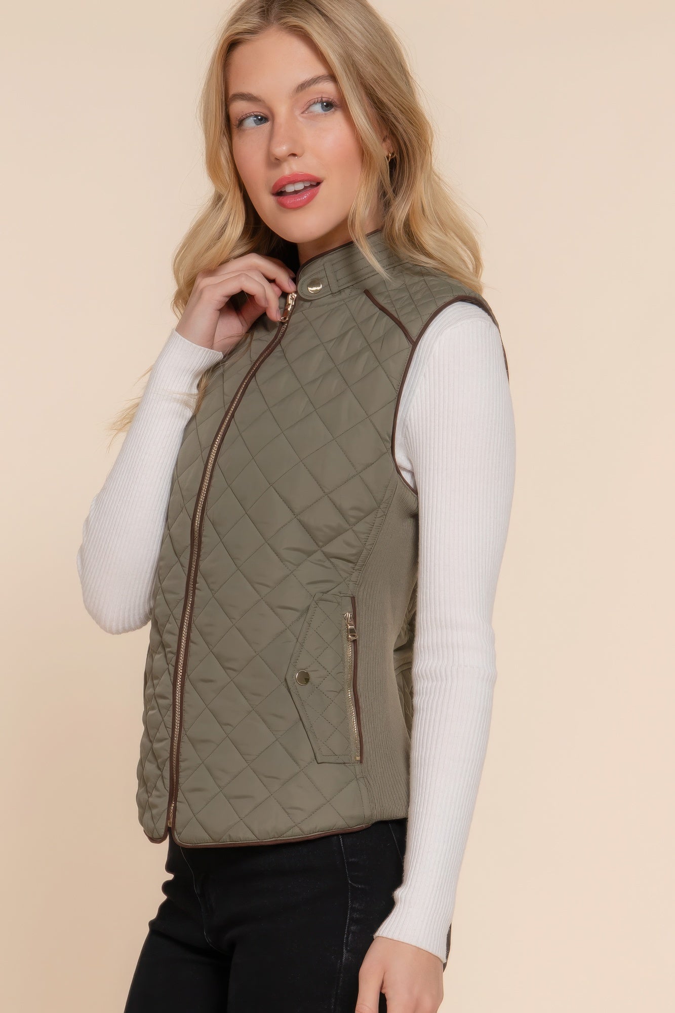 - Suede Piping Quilted Padding Vest - womens vest at TFC&H Co.