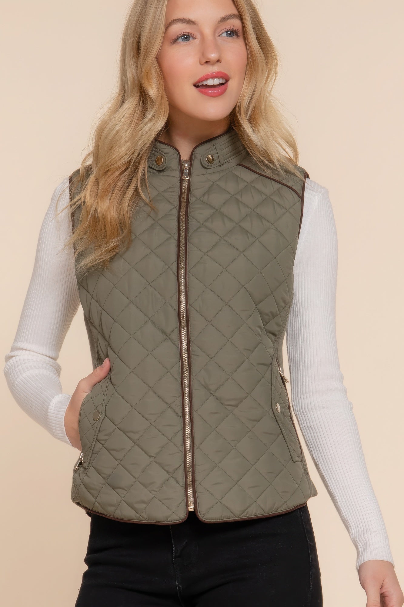 - Suede Piping Quilted Padding Vest - womens vest at TFC&H Co.