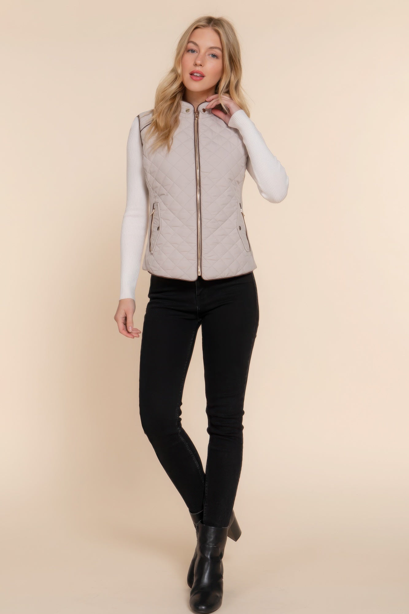 - Suede Piping Quilted Padding Vest - womens vest at TFC&H Co.