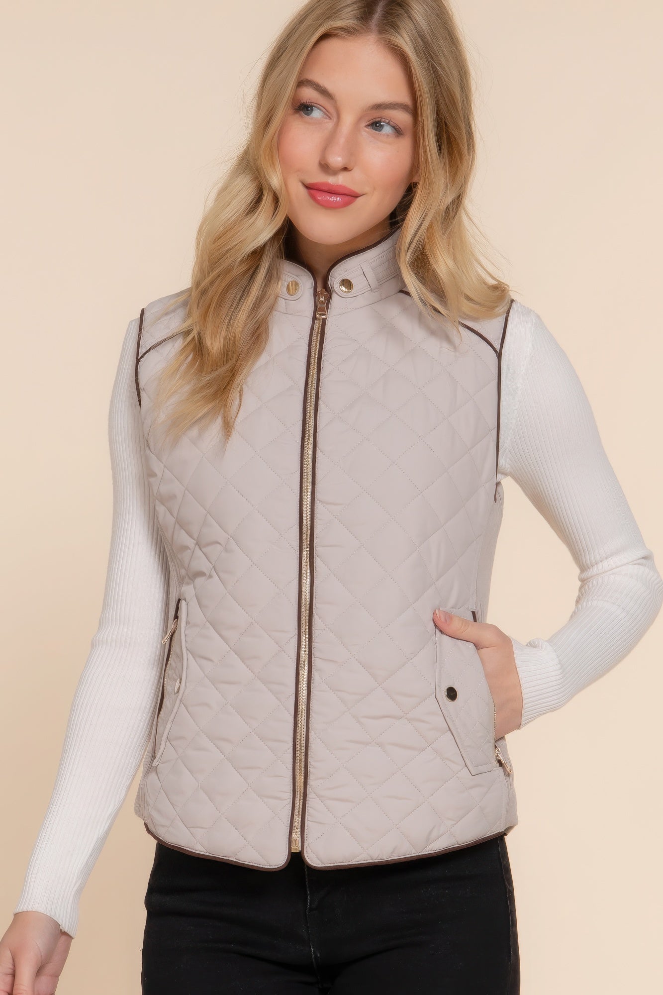 - Suede Piping Quilted Padding Vest - womens vest at TFC&H Co.