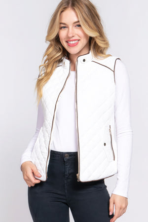 - Suede Piping Quilted Padding Vest - womens vest at TFC&H Co.