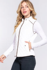 White - Suede Piping Quilted Padding Vest - womens vest at TFC&H Co.