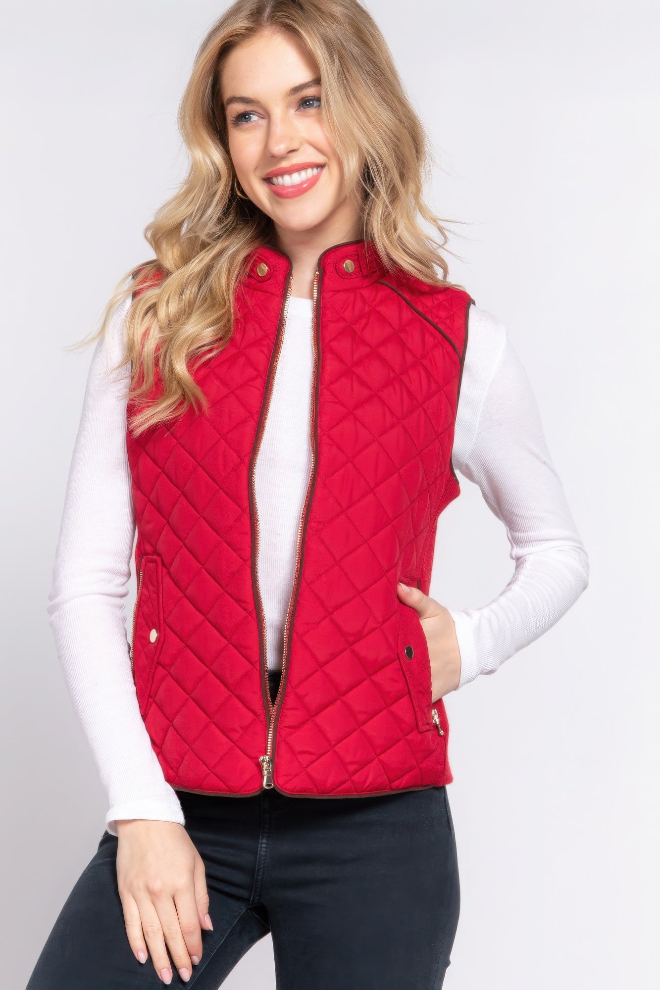 - Suede Piping Quilted Padding Vest - womens vest at TFC&H Co.