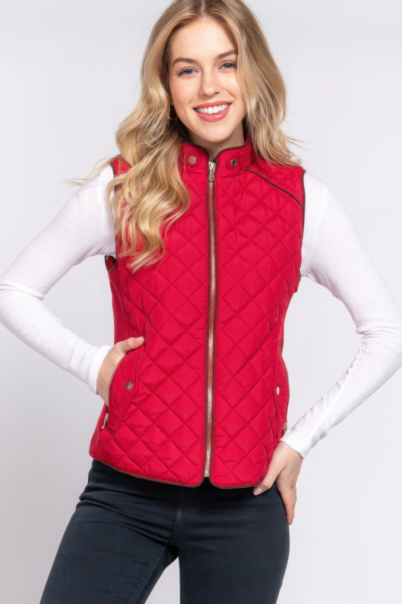 Wine - Suede Piping Quilted Padding Vest - womens vest at TFC&H Co.