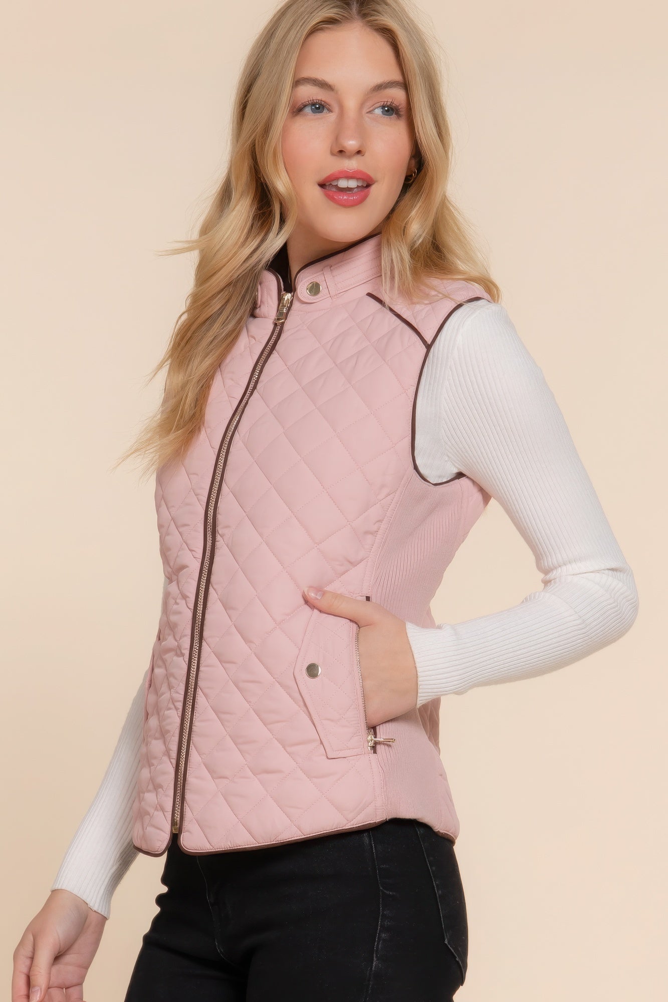 - Suede Piping Quilted Padding Vest - womens vest at TFC&H Co.