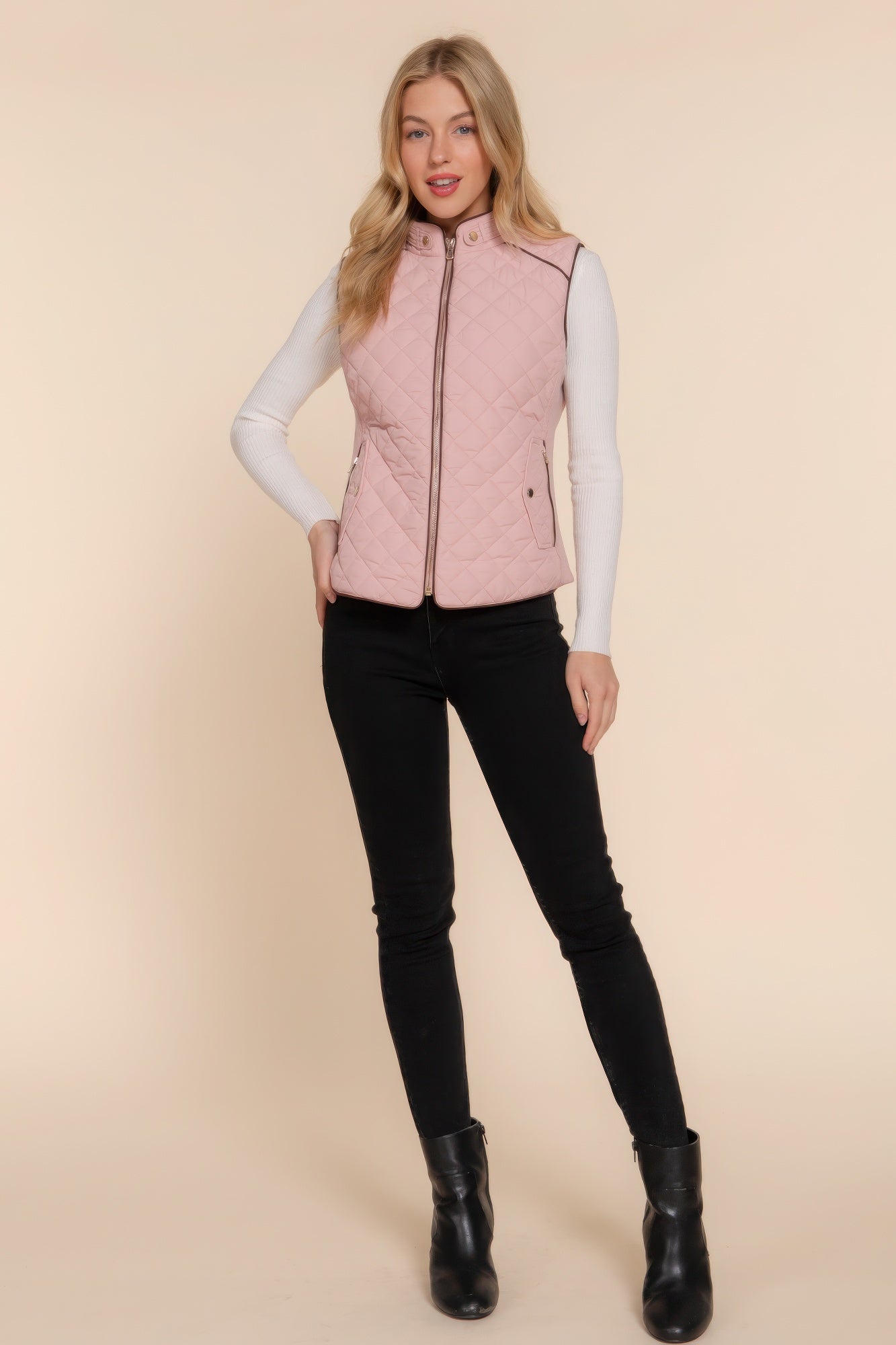 - Suede Piping Quilted Padding Vest - womens vest at TFC&H Co.