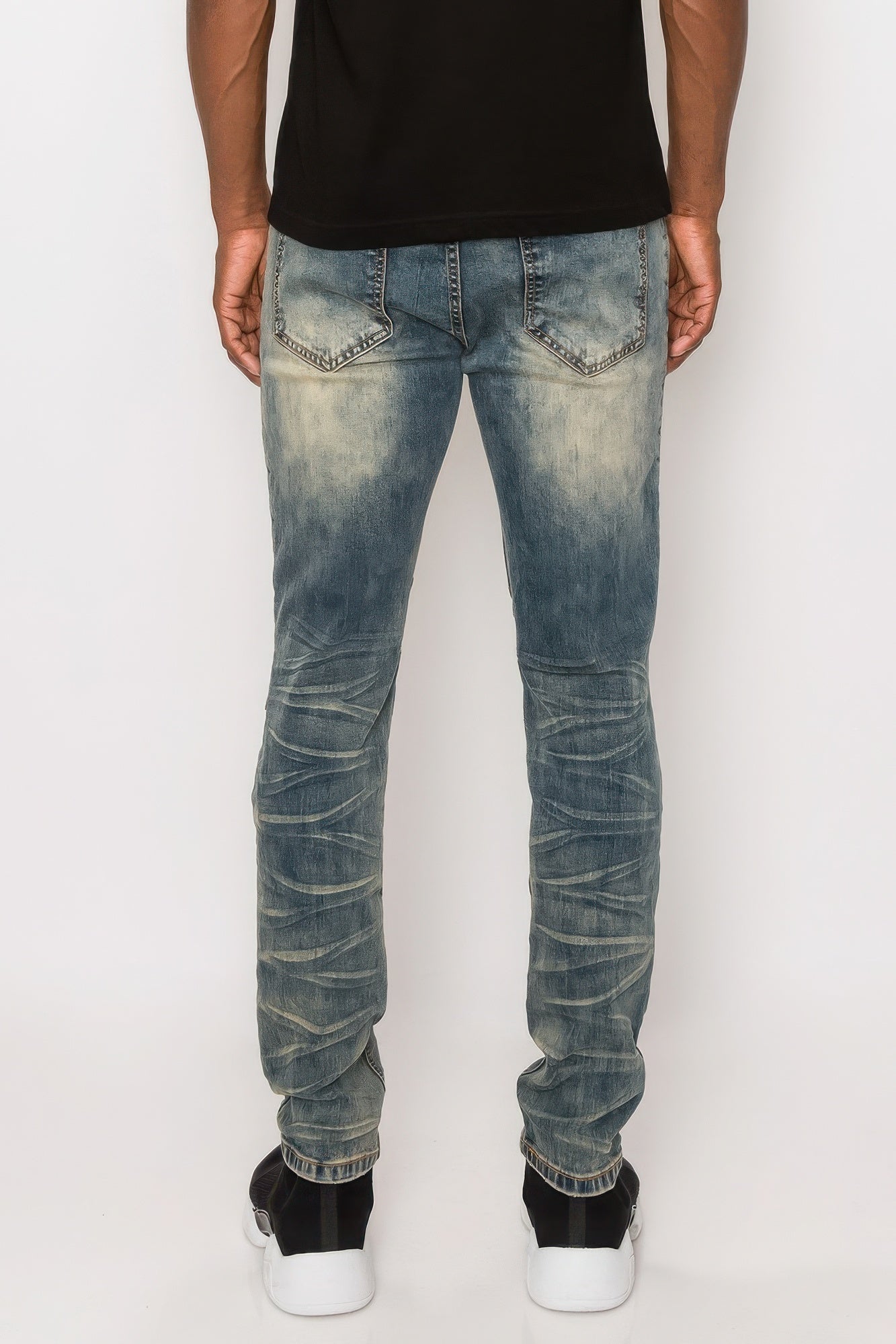 【DISCERNMENT】Barmel Biker Brush Denim Men's Stretch Washed Denim Biker Jeans Distressed Moto Jeans