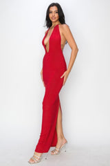 Red - Halter Necklace Trim Long Dress for Women - womens dress at TFC&H Co.