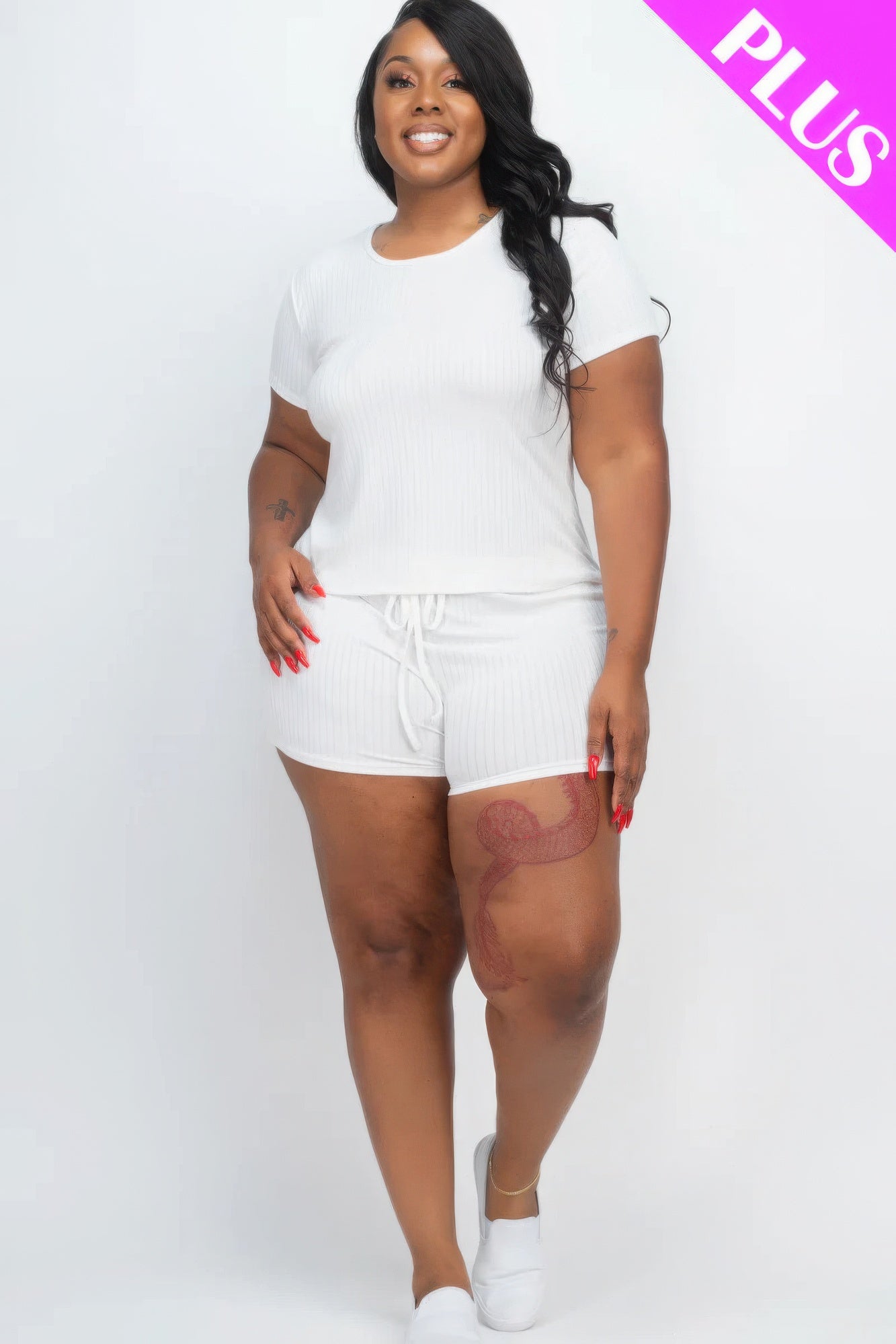 White - Plus Size Ribbed Short Sleeve Top & Shorts Set - womens short set at TFC&H Co.