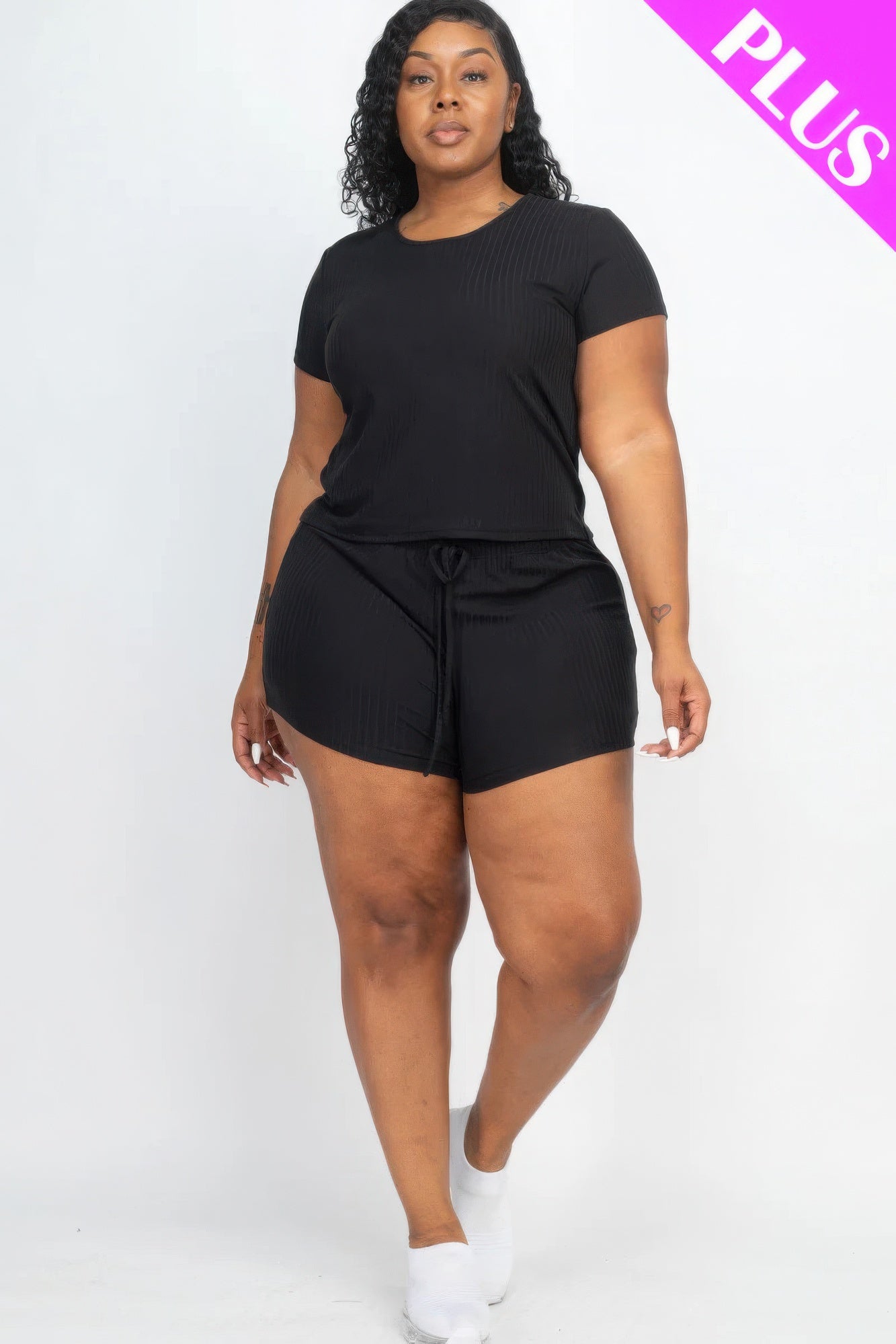 - Plus Size Ribbed Short Sleeve Top & Shorts Set - womens short set at TFC&H Co.