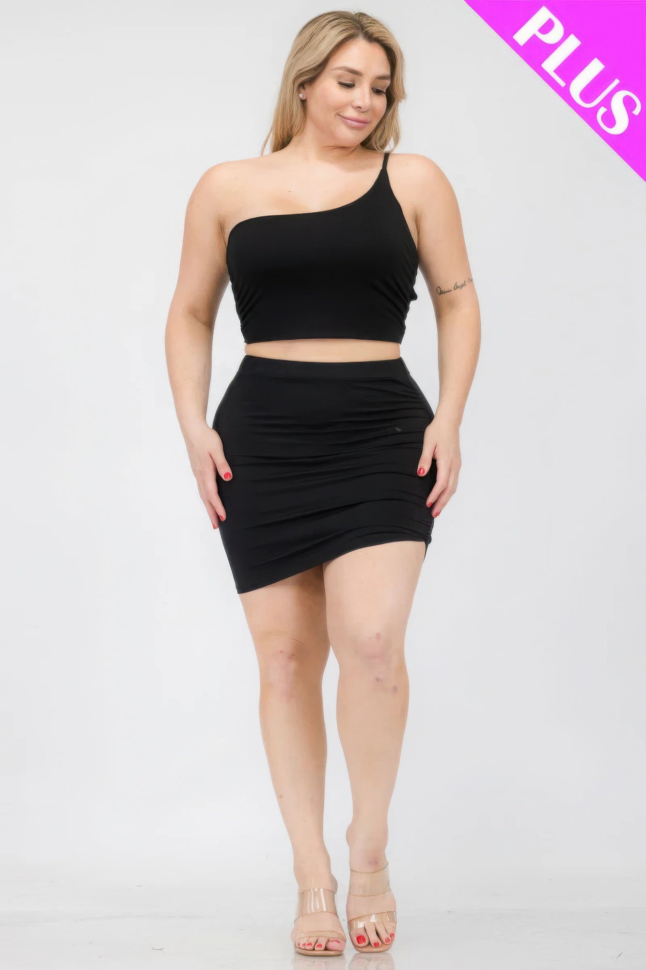 - Plus Size One Shoulder Ruched Crop Top & Mini Skirt Set - womens skirt set at TFC&H Co.