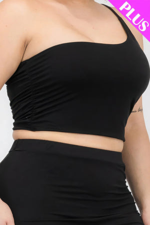 Black - Plus Size One Shoulder Ruched Crop Top & Mini Skirt Set - womens skirt set at TFC&H Co.