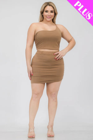 - Plus Size One Shoulder Ruched Crop Top & Mini Skirt Set - womens skirt set at TFC&H Co.