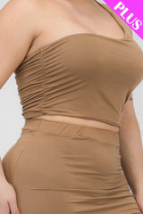 Coca Mocha - Plus Size One Shoulder Ruched Crop Top & Mini Skirt Set - womens skirt set at TFC&H Co.