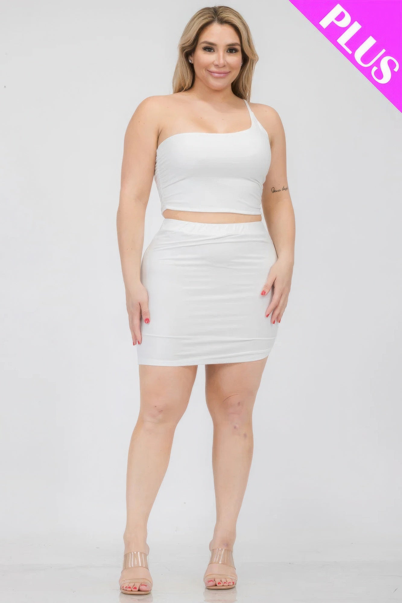 - Plus Size One Shoulder Ruched Crop Top & Mini Skirt Set - womens skirt set at TFC&H Co.