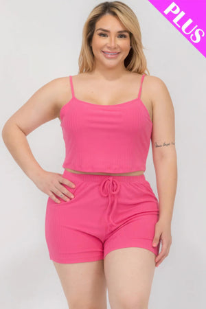 - Plus Size Solid Ribbed Cami Top And Shorts Set - womens short set at TFC&H Co.