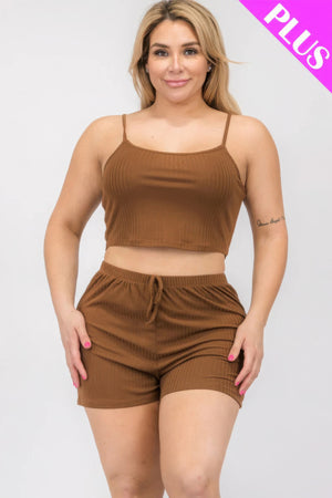 - Plus Size Solid Ribbed Cami Top And Shorts Set - womens short set at TFC&H Co.