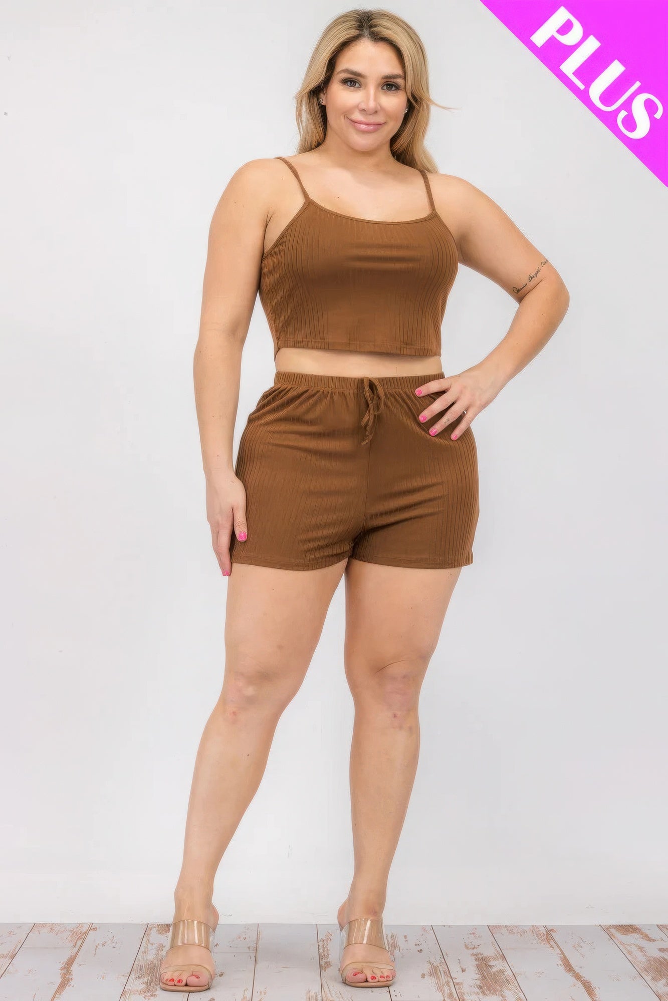 Downtown Brown - Plus Size Solid Ribbed Cami Top And Shorts Set - womens short set at TFC&H Co.