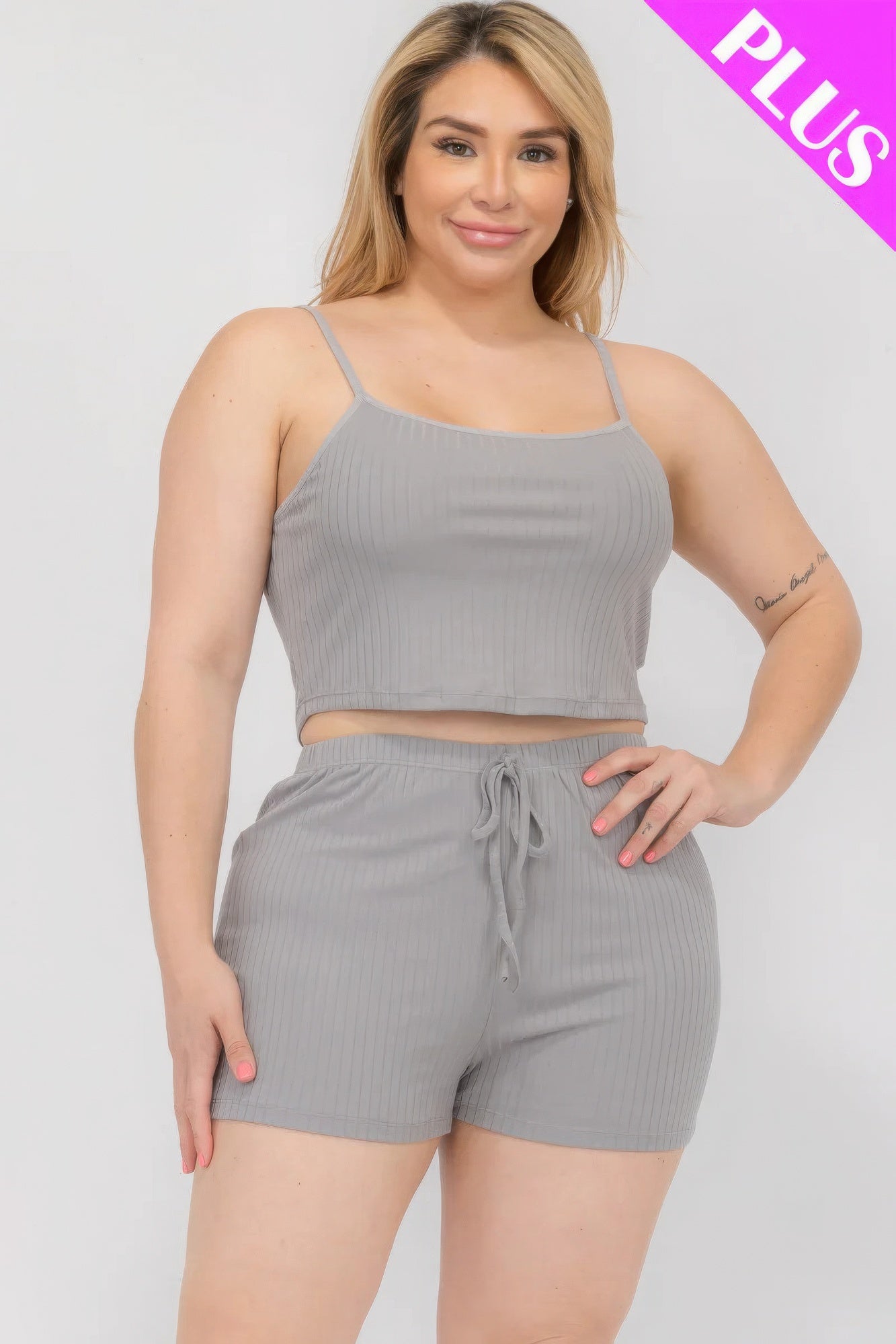 Grey - Plus Size Solid Ribbed Cami Top And Shorts Set - womens short set at TFC&H Co.