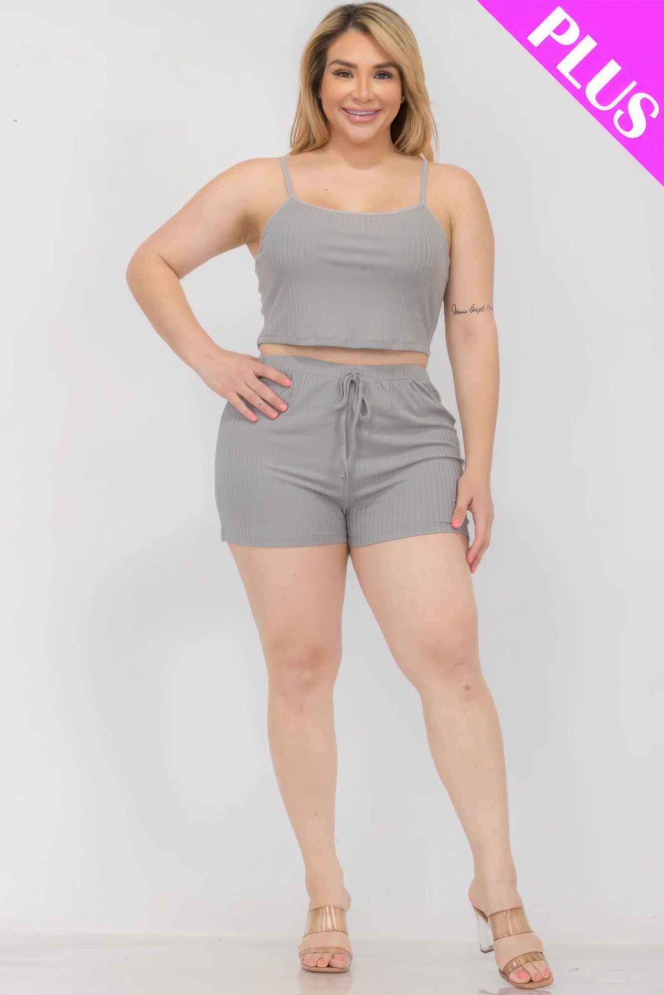 - Plus Size Solid Ribbed Cami Top And Shorts Set - womens short set at TFC&H Co.