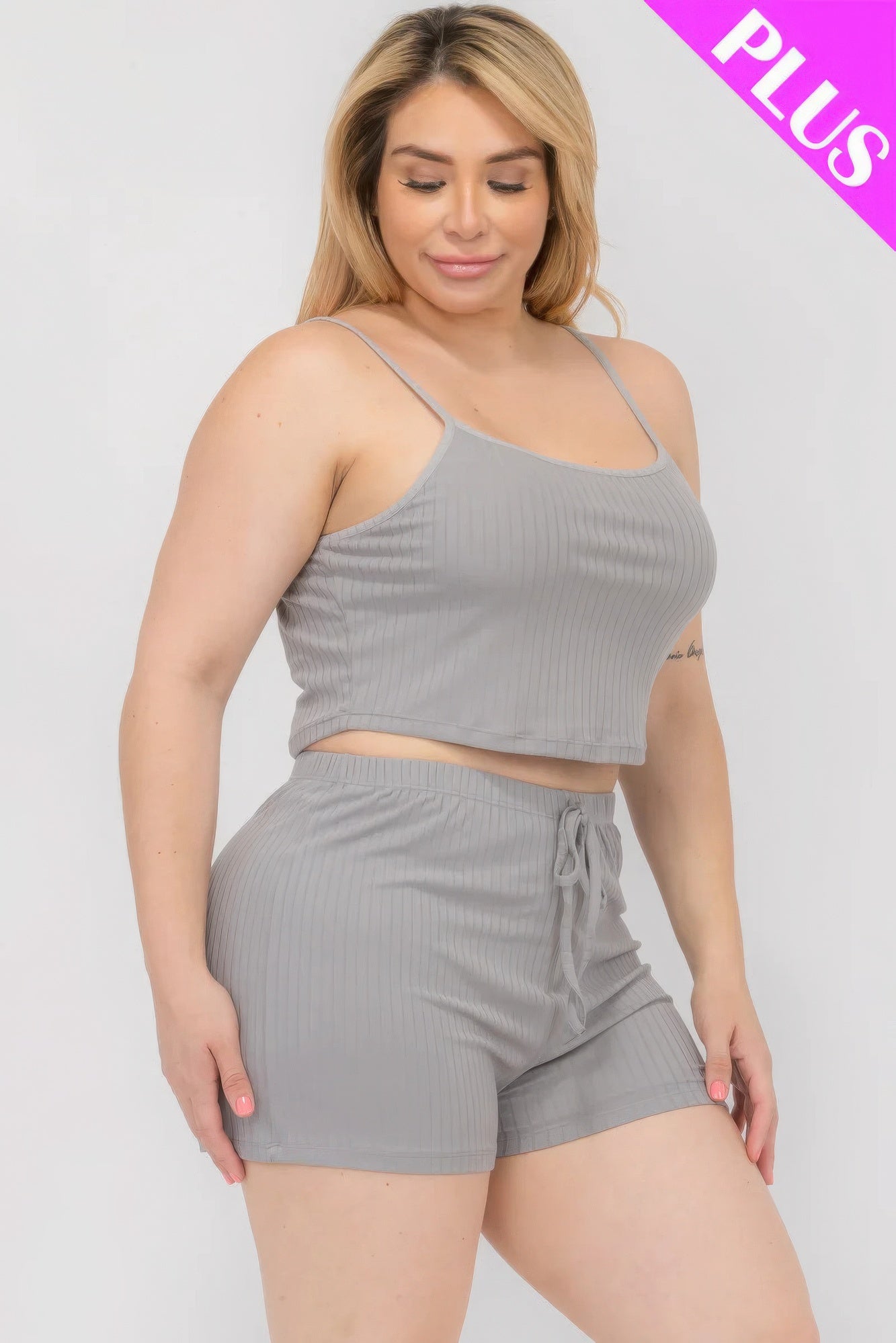 - Plus Size Solid Ribbed Cami Top And Shorts Set - womens short set at TFC&H Co.