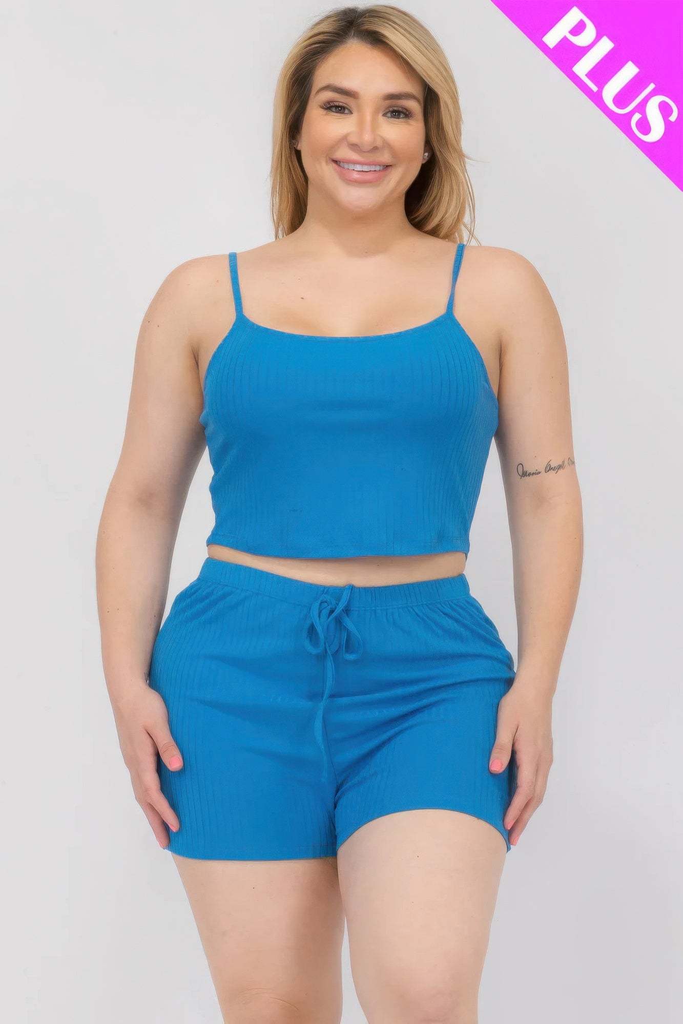 Ibiza Blue - Plus Size Solid Ribbed Cami Top And Shorts Set - womens short set at TFC&H Co.