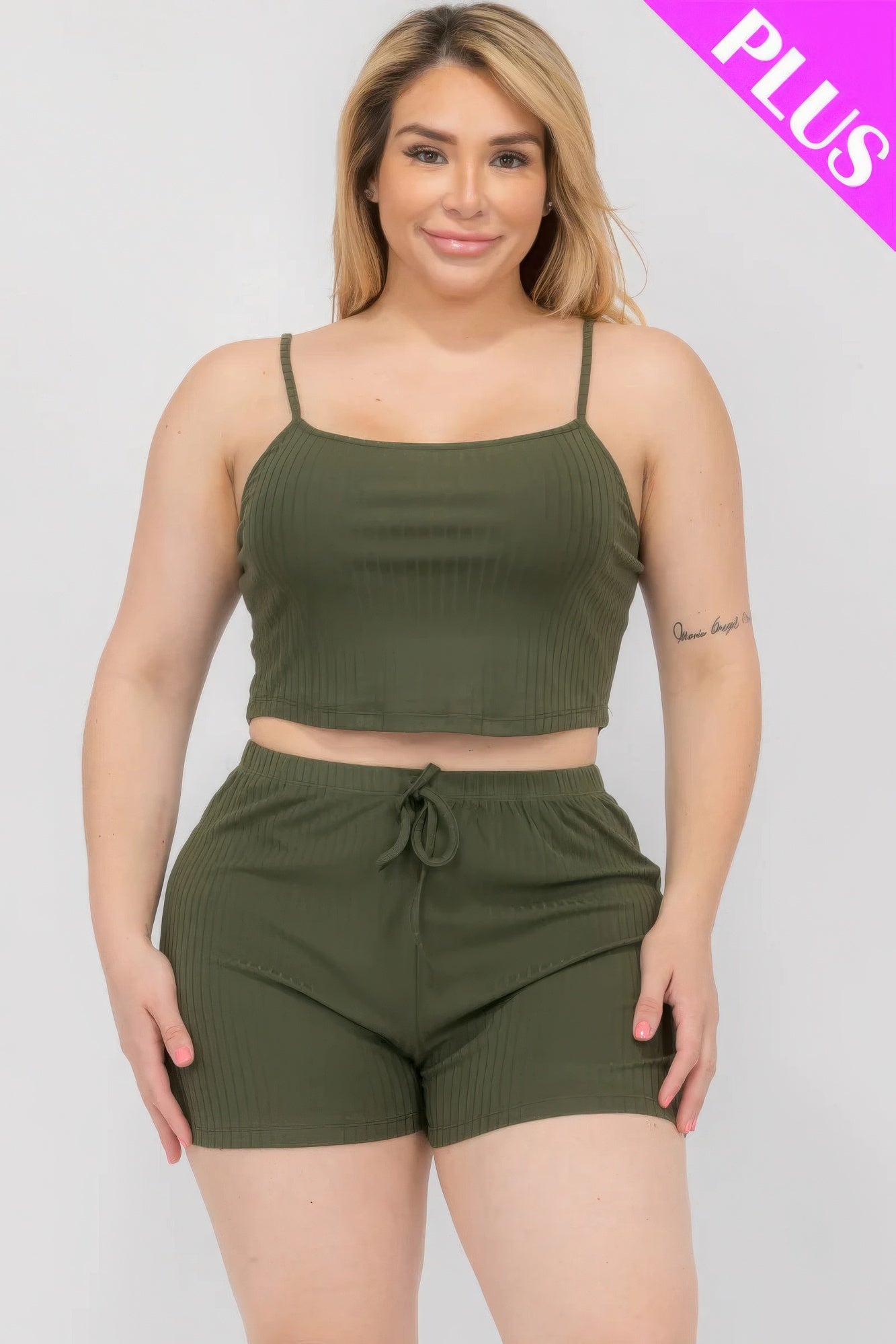 Olive - Plus Size Solid Ribbed Cami Top And Shorts Set - womens short set at TFC&H Co.