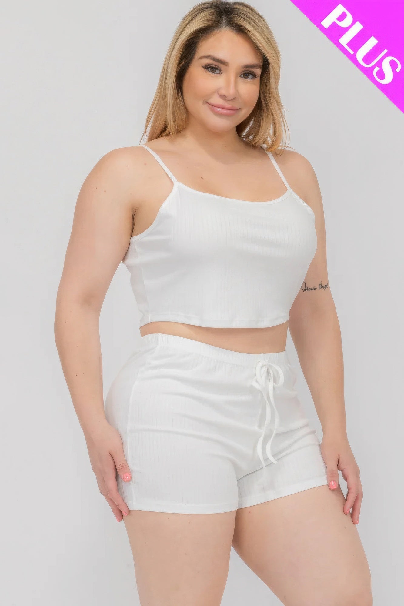 White - Plus Size Solid Ribbed Cami Top And Shorts Set - womens short set at TFC&H Co.