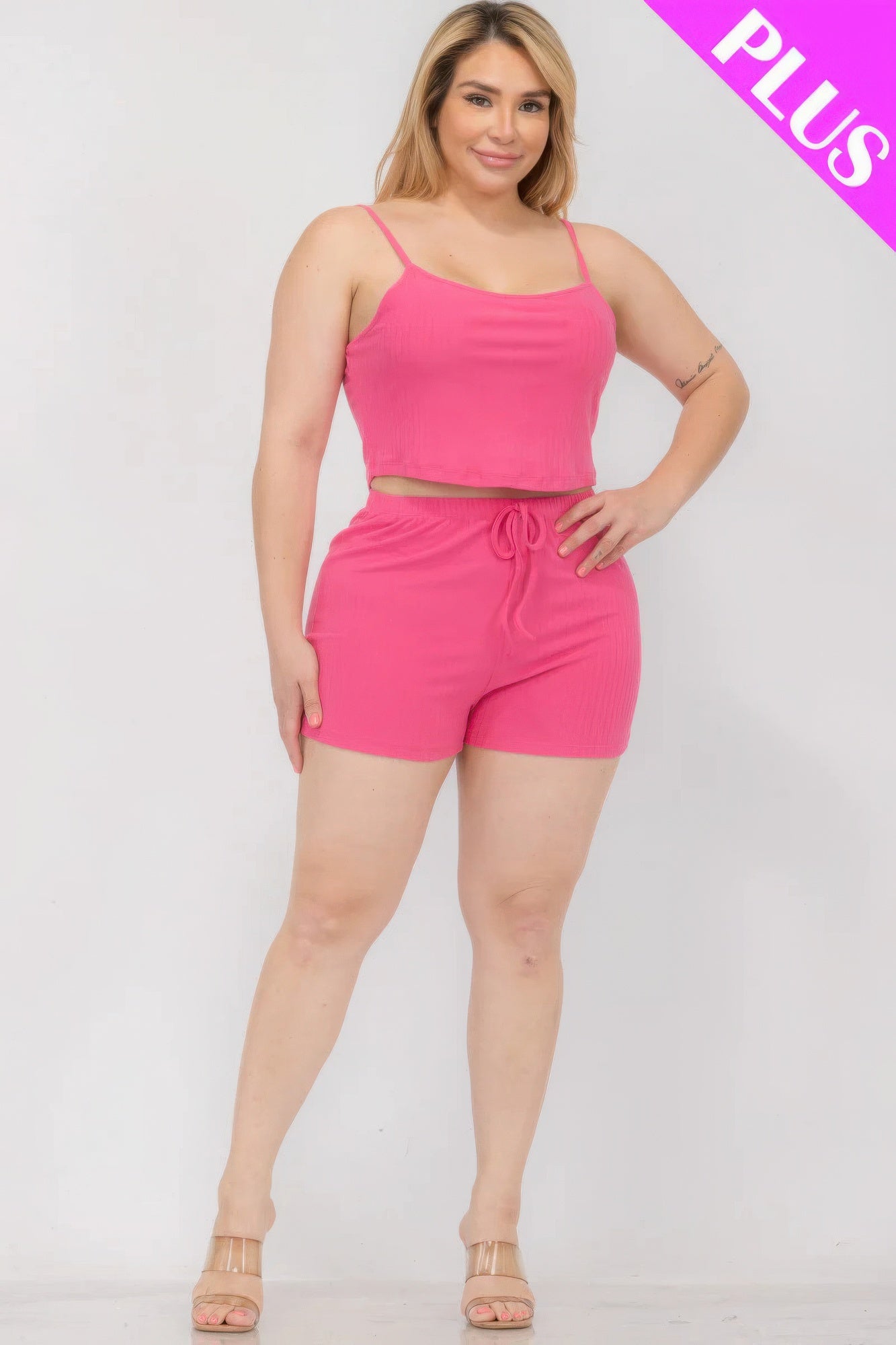 Berry - Plus Size Solid Ribbed Cami Top And Shorts Set - womens short set at TFC&H Co.