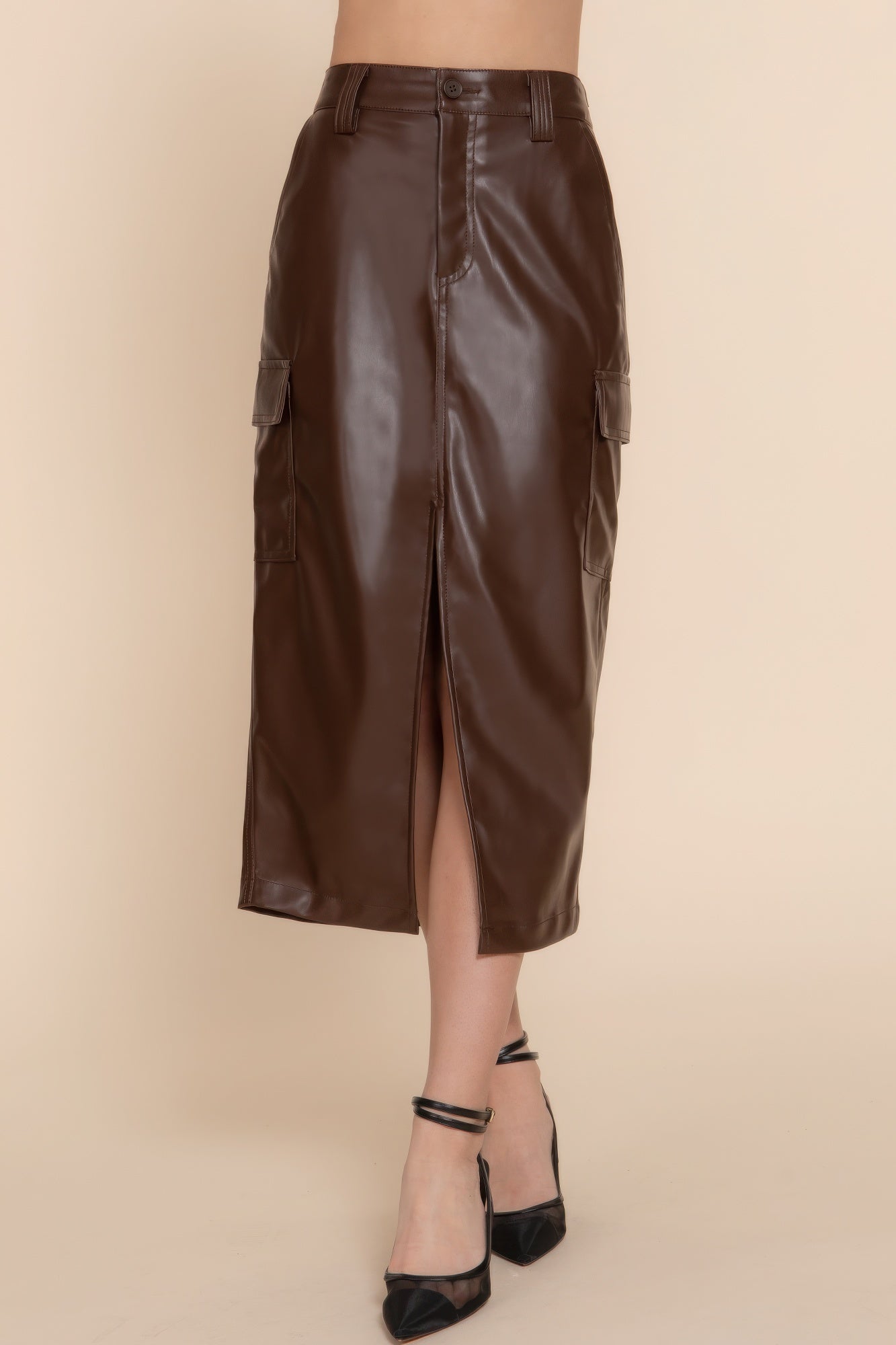 Rich Brown - Faux Leather Midi Cargo Skirt - womens skirt at TFC&H Co.