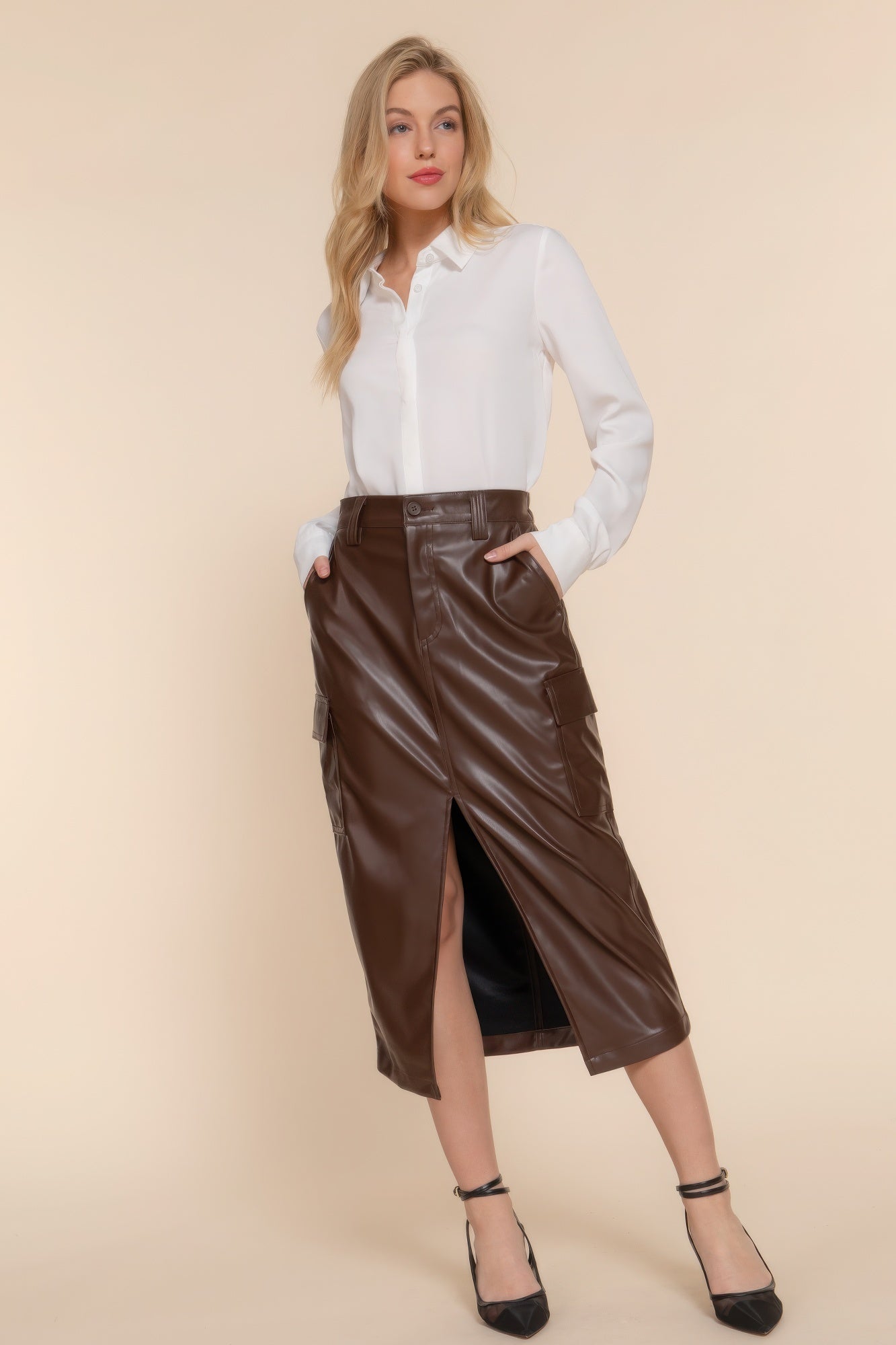 - Faux Leather Midi Cargo Skirt - womens skirt at TFC&H Co.