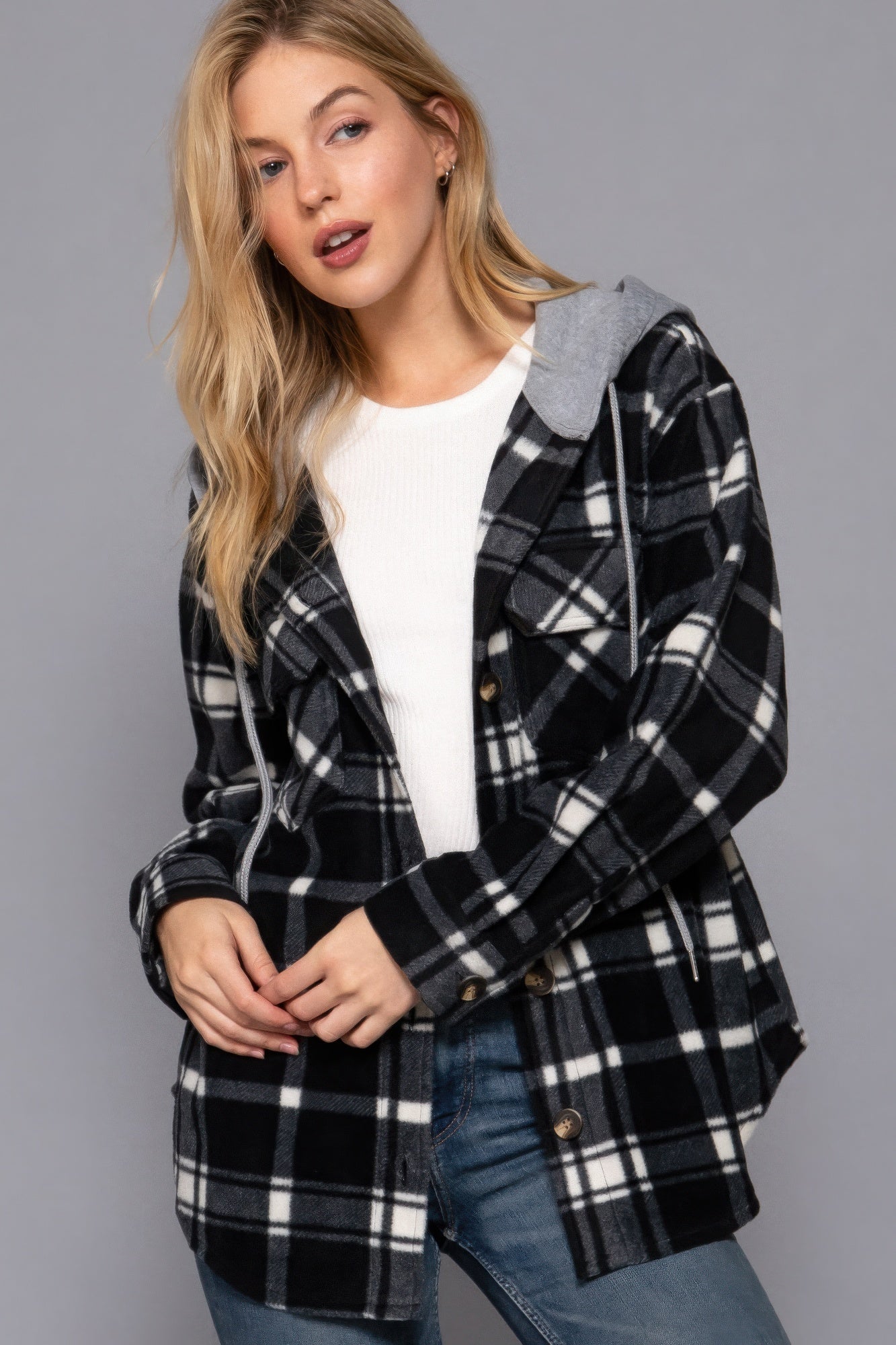 - Plaid Print Hoodie Fleece Jacket - womens jacket at TFC&H Co.